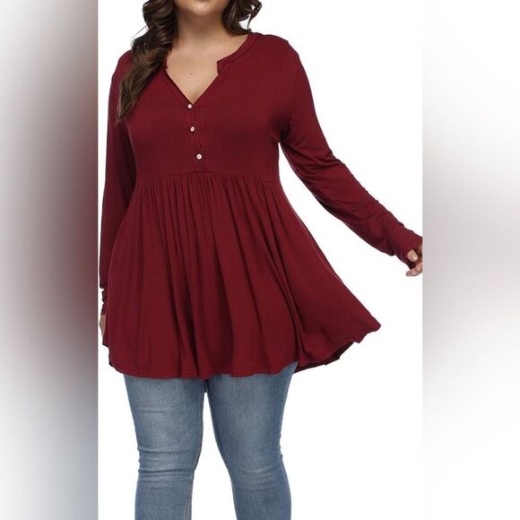 Women's Plus Size V Neck Button Tunic Tops Long Sleeve Flowy Shirt Wine Red 2X - Picture 2 of 10